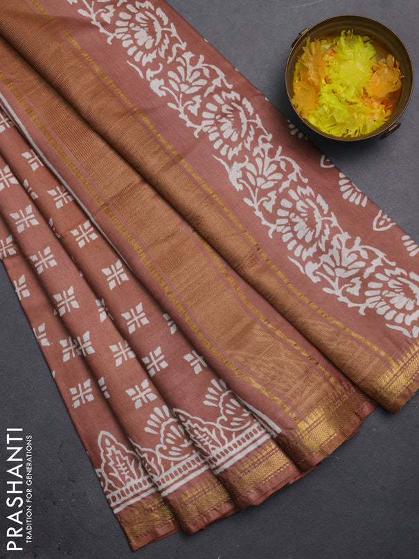 Semi bhagalpuri saree brown with allover prints and zari woven border