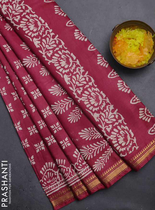 Semi bhagalpuri saree maroon with allover prints and zari woven border