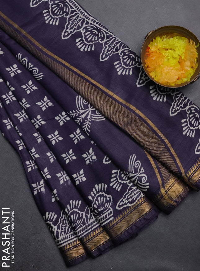 Semi bhagalpuri saree deep jamun with allover prints and zari woven border