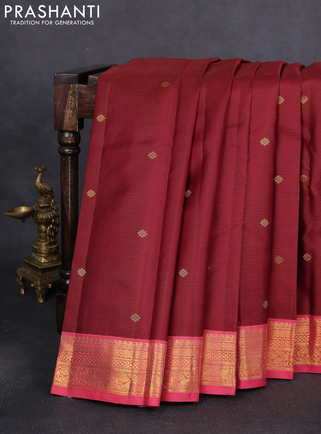 Pure kanchipuram silk saree maroon and pink shade with allover zari weaves & buttas and zari woven korvai border