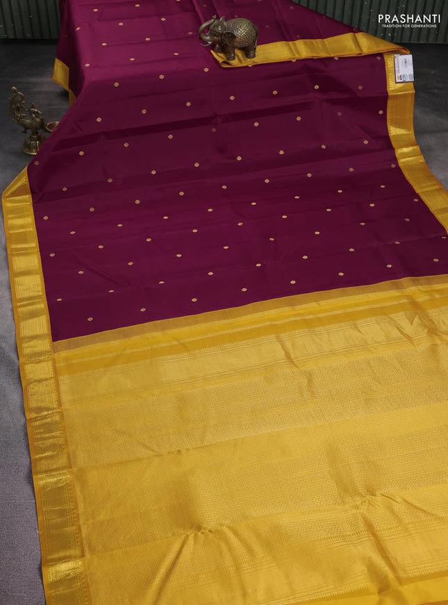 Pure kanchipuram silk saree maroon and mustard yellow with zari woven buttas and zari woven korvai border