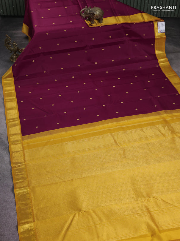 Pure kanchipuram silk saree maroon and mustard yellow with zari woven buttas and zari woven korvai border