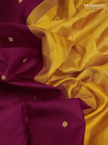 Pure kanchipuram silk saree maroon and mustard yellow with zari woven buttas and zari woven korvai border