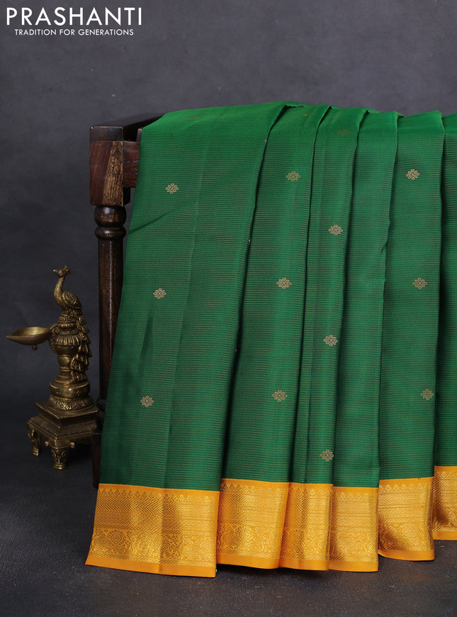 Pure kanchipuram silk saree green and mustard yellow with allover zari weaves & buttas and zari woven korvai border