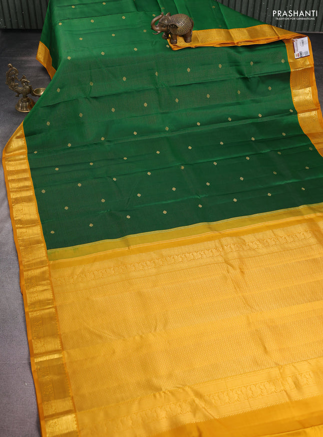 Pure kanchipuram silk saree green and mustard yellow with allover zari weaves & buttas and zari woven korvai border