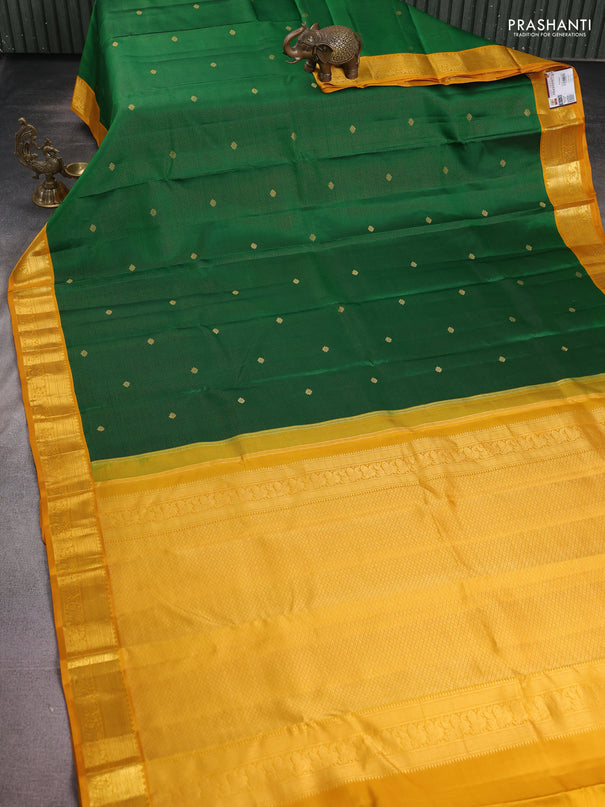 Pure kanchipuram silk saree green and mustard yellow with allover zari weaves & buttas and zari woven korvai border