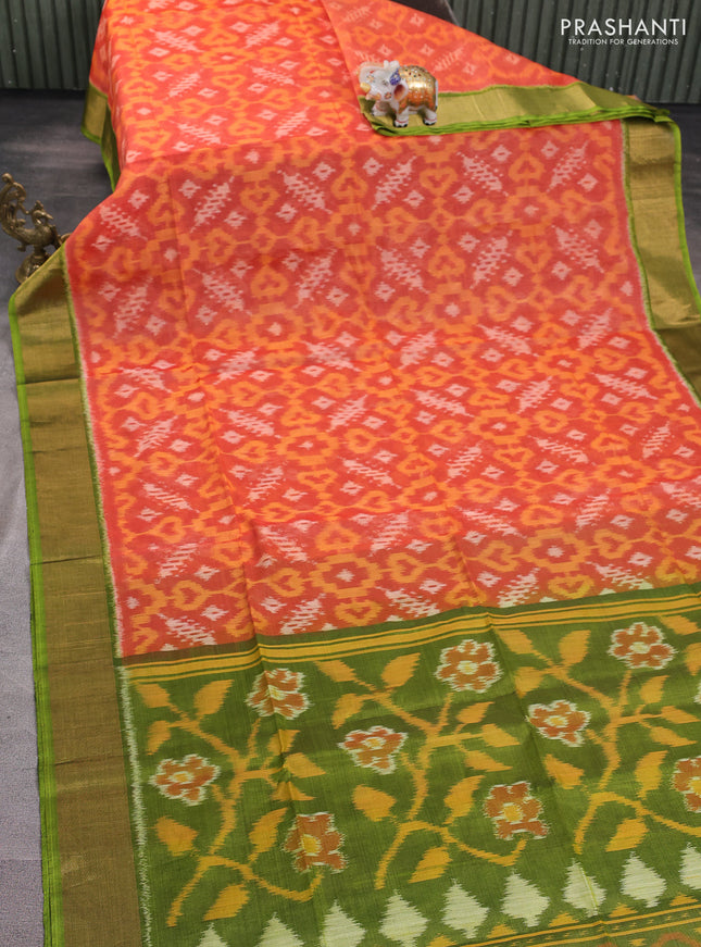 Ikat silk cotton saree orange and light green with alover ikat weaves and zari woven border