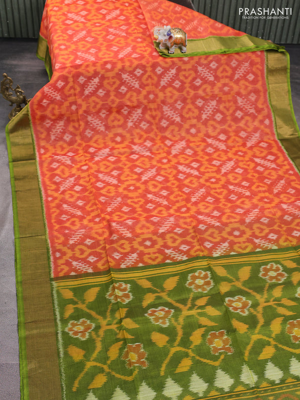 Ikat silk cotton saree orange and light green with alover ikat weaves and zari woven border