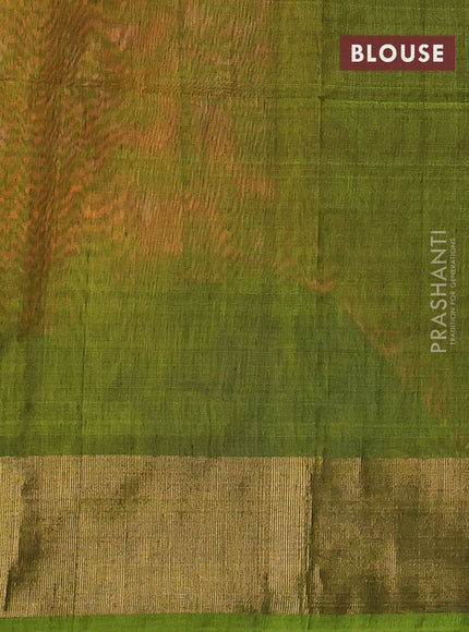 Ikat silk cotton saree orange and light green with alover ikat weaves and zari woven border