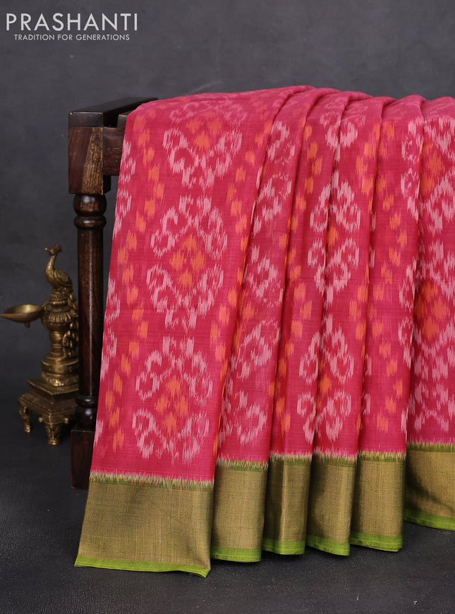 Ikat silk cotton saree pink and light green with alover ikat weaves and zari woven border