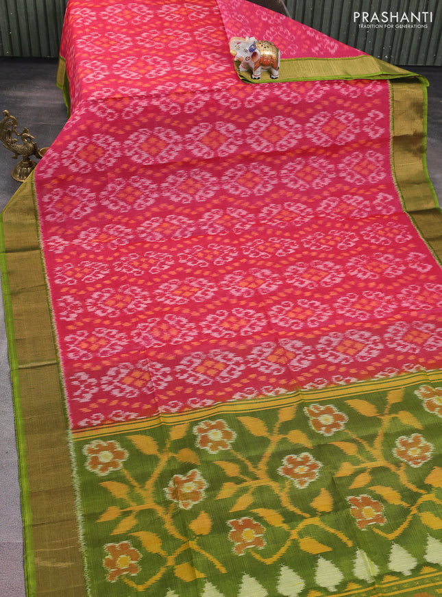 Ikat silk cotton saree pink and light green with alover ikat weaves and zari woven border