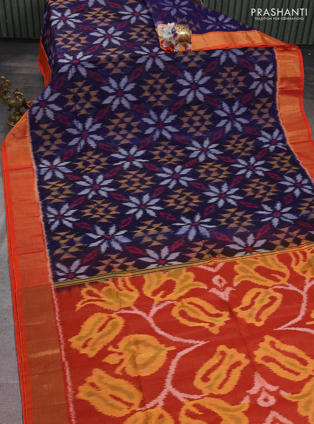Ikat silk cotton saree blue and orange with alover ikat weaves and zari woven border