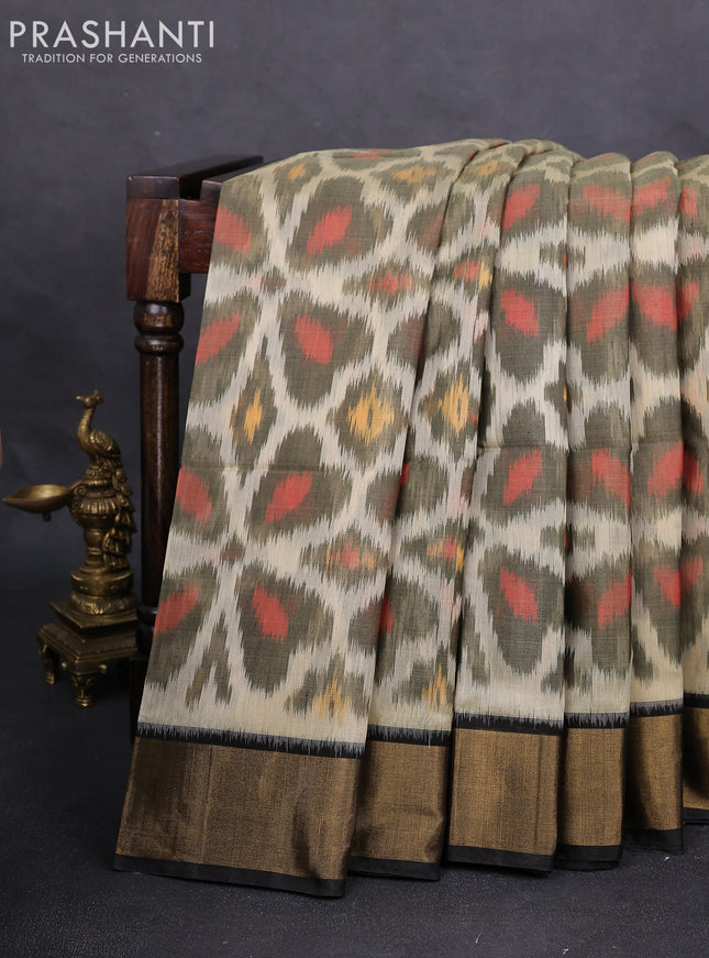 Ikat silk cotton saree cream elaichi green and deep coffee brown with alover ikat weaves and zari woven border