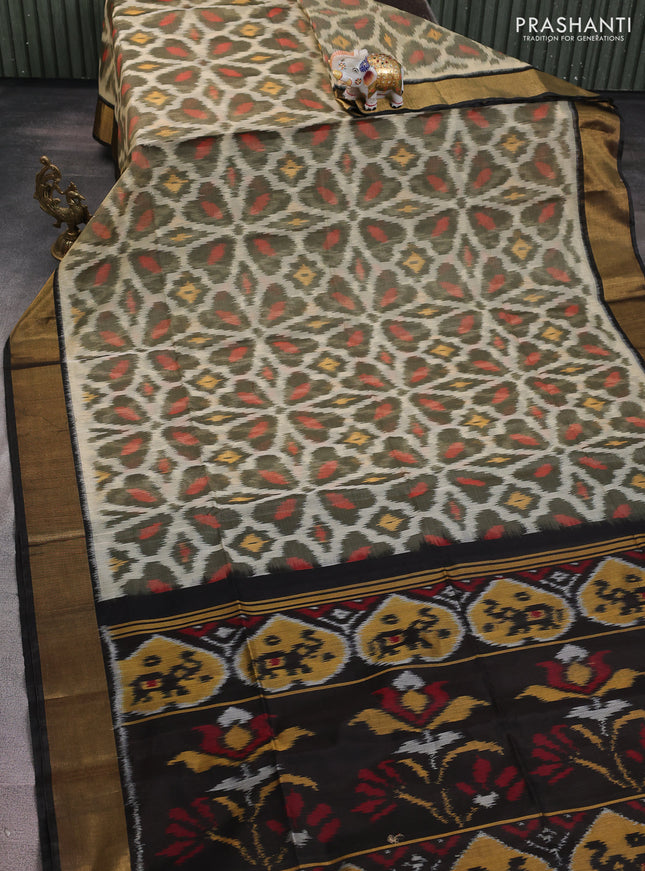 Ikat silk cotton saree cream elaichi green and deep coffee brown with alover ikat weaves and zari woven border