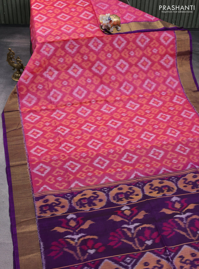 Ikat silk cotton saree pink and purple with alover ikat weaves and zari woven border