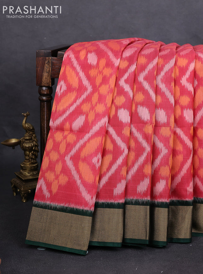Ikat silk cotton saree peach red and bottle green with alover ikat weaves and zari woven border