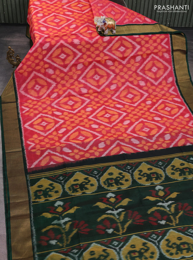 Ikat silk cotton saree peach red and bottle green with alover ikat weaves and zari woven border
