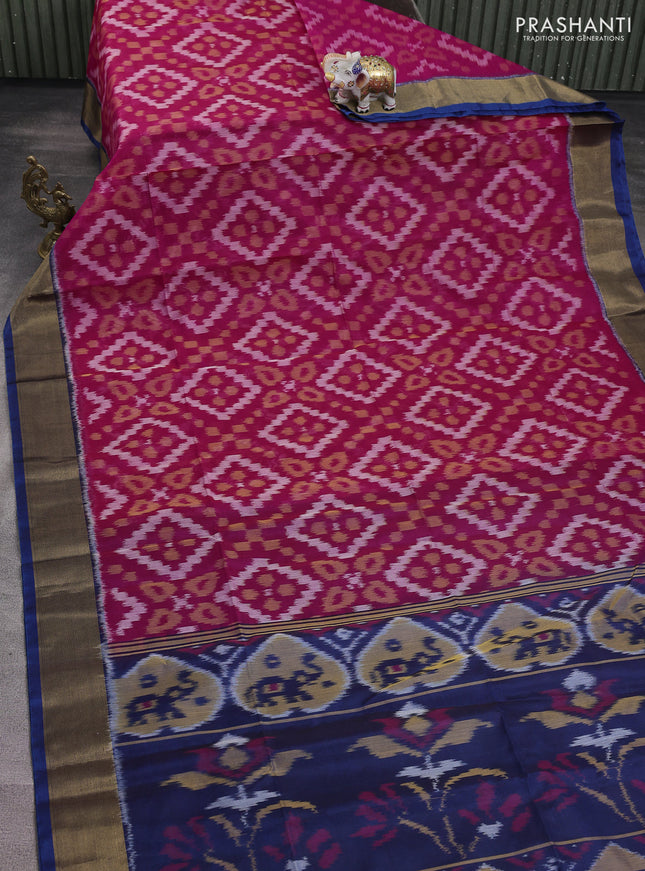 Ikat silk cotton saree dark pink and peacock blue with alover ikat weaves and zari woven border