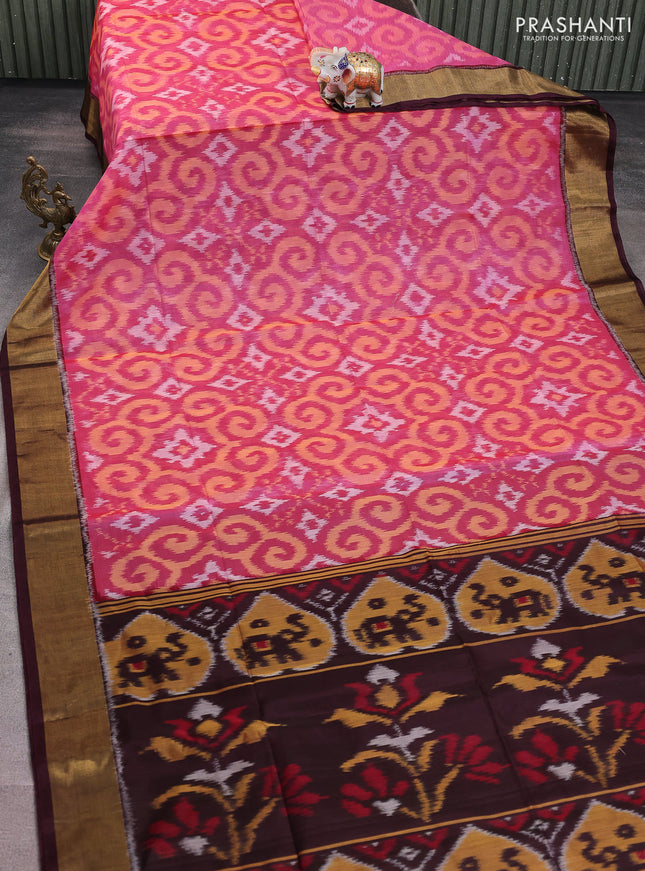 Ikat silk cotton saree pink and coffee brown with alover ikat weaves and zari woven border