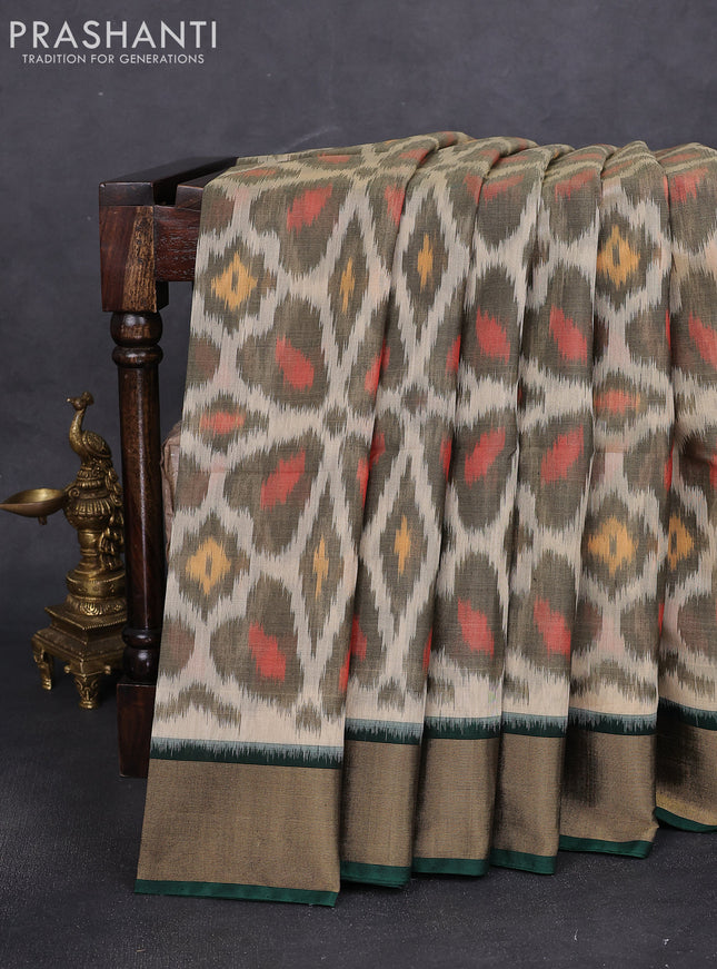 Ikat silk cotton saree cream elaichi green and green with alover ikat weaves and zari woven border