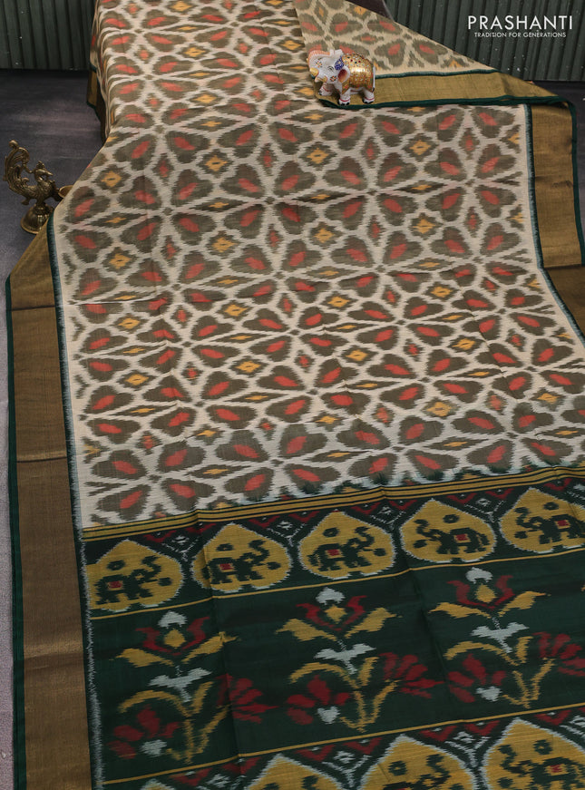 Ikat silk cotton saree cream elaichi green and green with alover ikat weaves and zari woven border