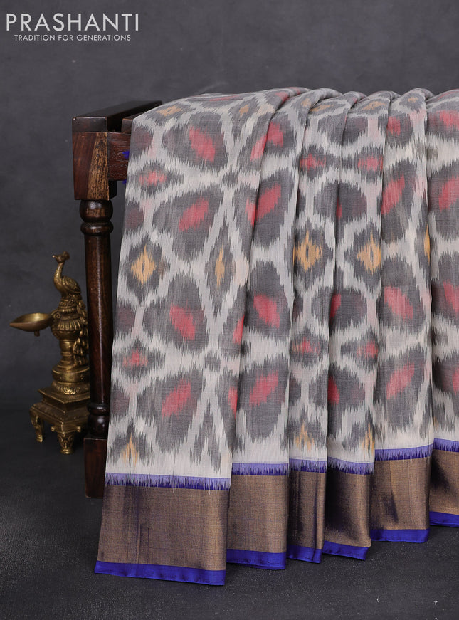 Ikat silk cotton saree off white grey and blue with alover ikat weaves and zari woven border