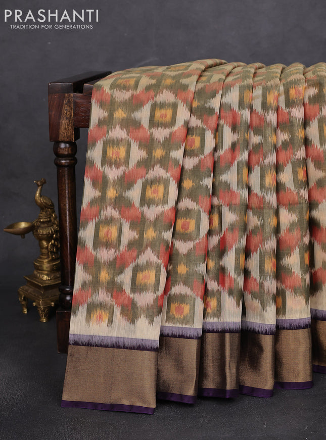 Ikat silk cotton saree cream elaichi green and jamun shade with alover ikat weaves and zari woven border