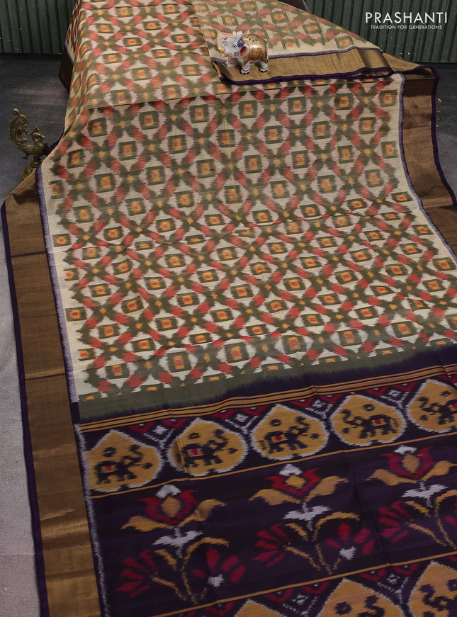 Ikat silk cotton saree cream elaichi green and jamun shade with alover ikat weaves and zari woven border