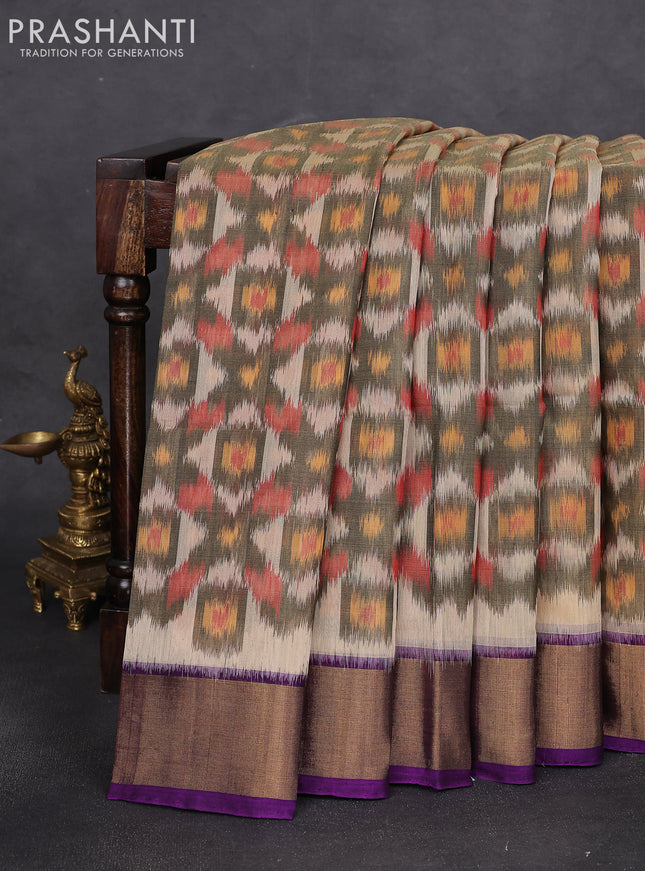 Ikat silk cotton saree cream and purple with alover ikat weaves and zari woven border