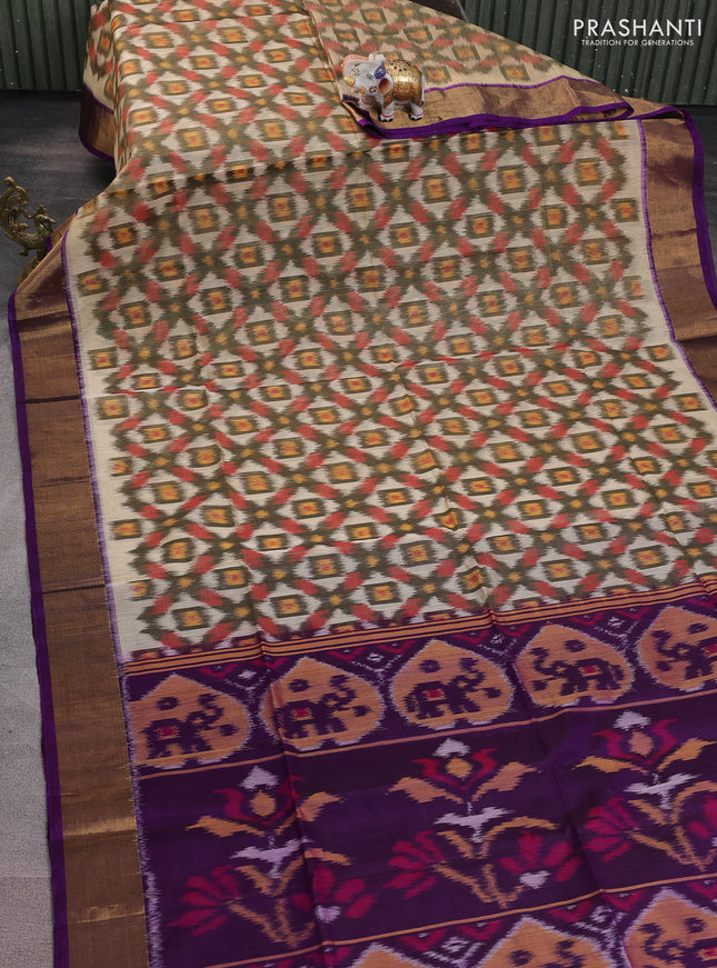 Ikat silk cotton saree cream and purple with alover ikat weaves and zari woven border