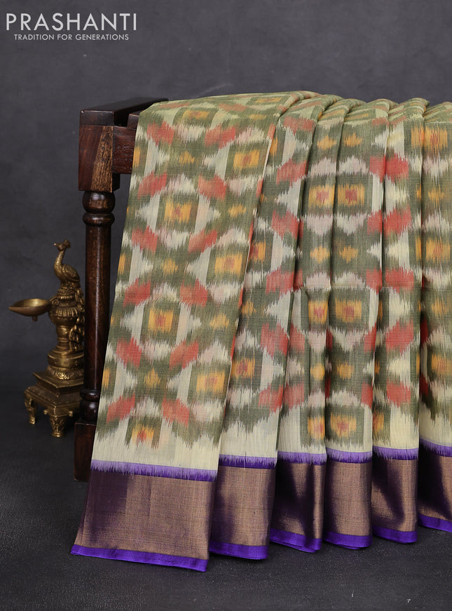 Ikat silk cotton saree cream and violet with alover ikat weaves and zari woven border
