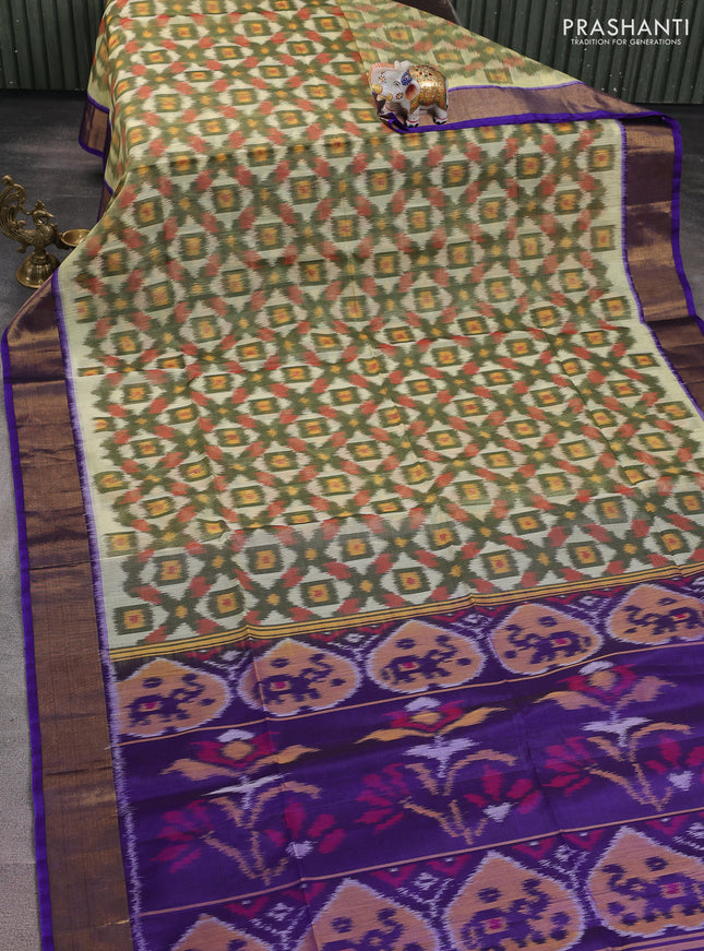 Ikat silk cotton saree cream and violet with alover ikat weaves and zari woven border