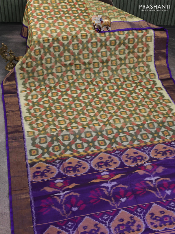 Ikat silk cotton saree cream and violet with alover ikat weaves and zari woven border
