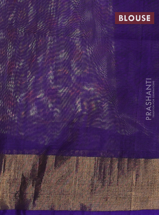 Ikat silk cotton saree cream and violet with alover ikat weaves and zari woven border