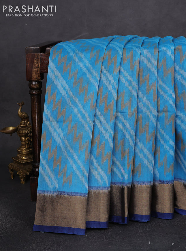 Ikat silk cotton saree peacock blue and teal blue with alover ikat weaves and zari woven border