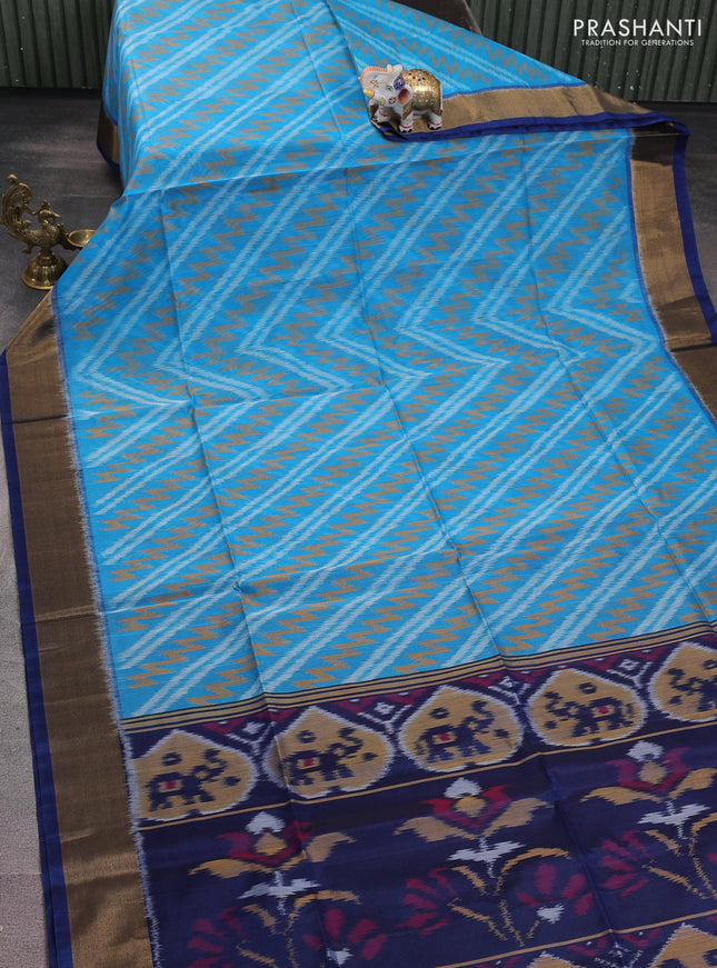 Ikat silk cotton saree peacock blue and teal blue with alover ikat weaves and zari woven border