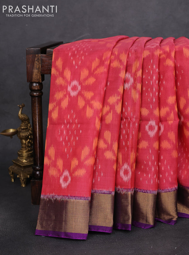 Ikat silk cotton saree violet and pink with alover ikat weaves and zari woven border