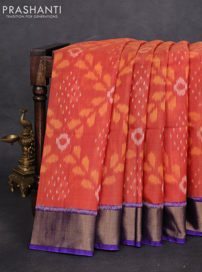 Ikat silk cotton saree orange and violet with alover ikat weaves and zari woven border