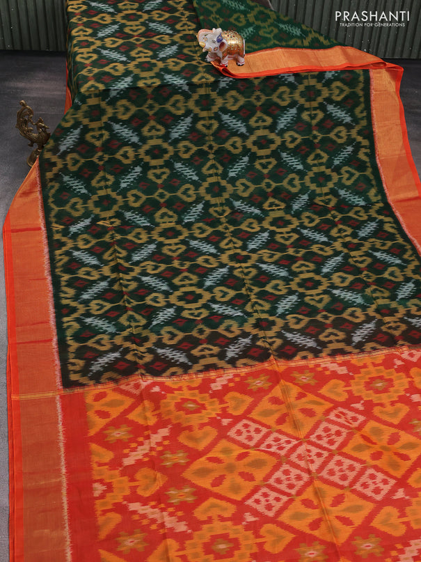 Ikat silk cotton saree green and orange with alover ikat weaves and zari woven border