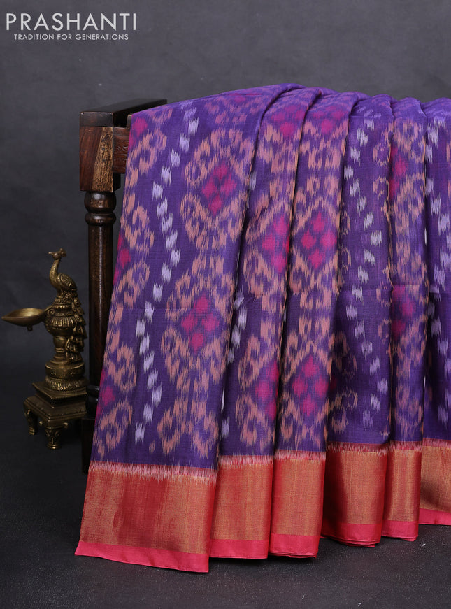 Ikat silk cotton saree violet shade and peach pink with alover ikat weaves and zari woven border