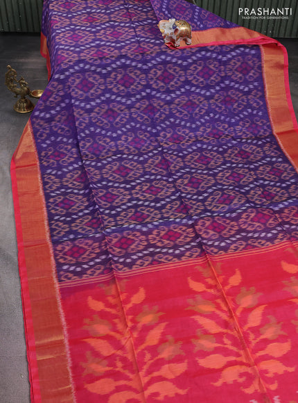 Ikat silk cotton saree violet shade and peach pink with alover ikat weaves and zari woven border