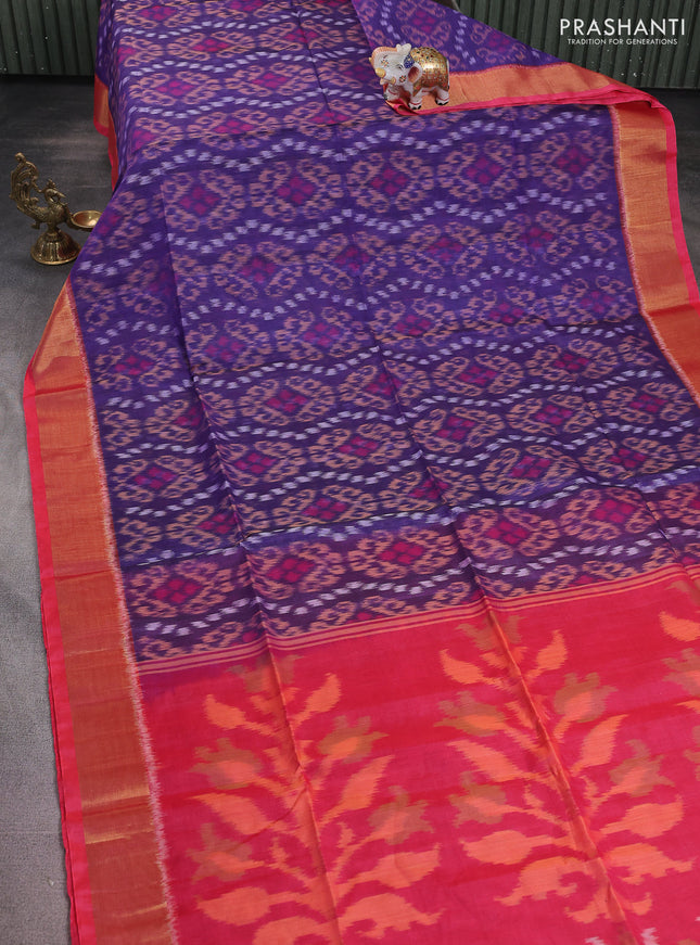 Ikat silk cotton saree violet shade and peach pink with alover ikat weaves and zari woven border