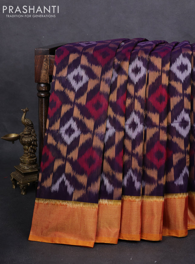 Ikat silk cotton saree violet and dark mustard with alover ikat weaves and zari woven border