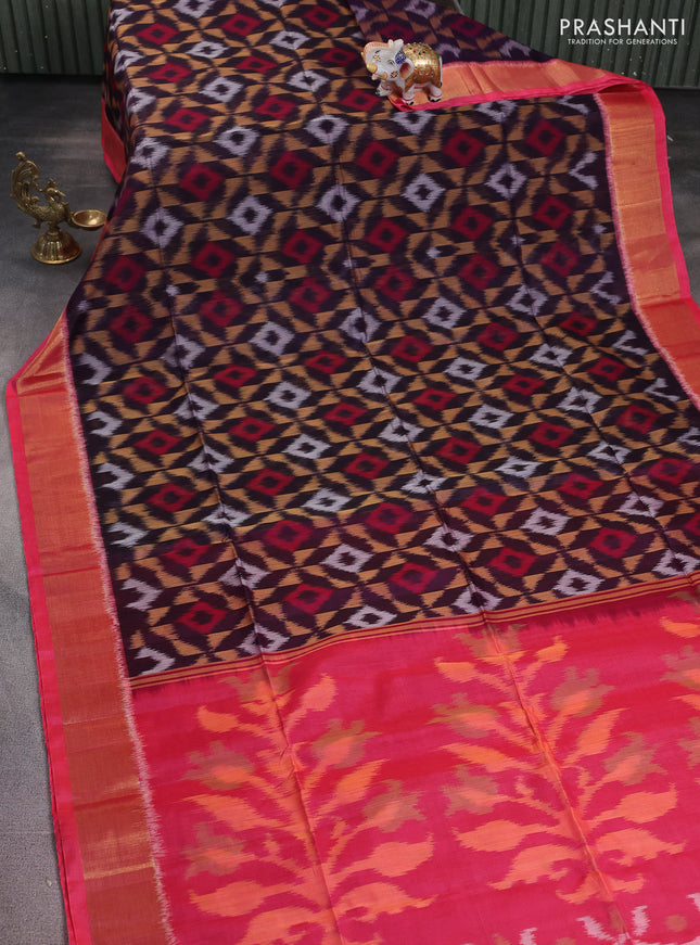 Ikat silk cotton saree jamun shade and peach pink with alover ikat weaves and zari woven border