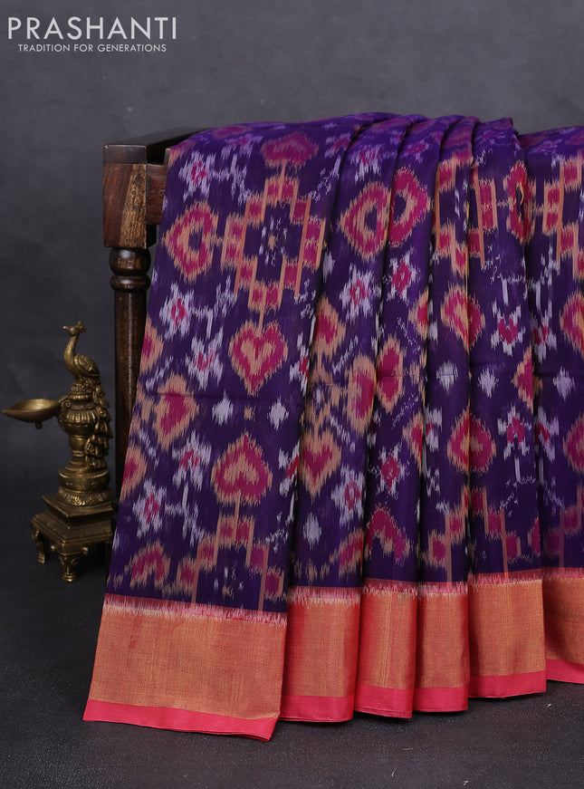 Ikat silk cotton saree blue and peach pink with alover ikat weaves and zari woven border