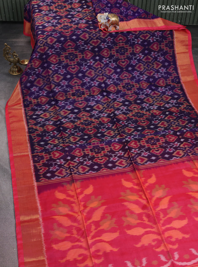 Ikat silk cotton saree blue and peach pink with alover ikat weaves and zari woven border