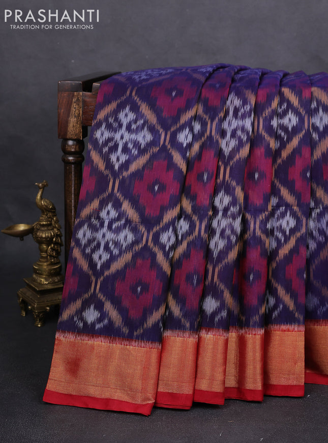 Ikat silk cotton saree navy blue and red with alover ikat weaves and zari woven border