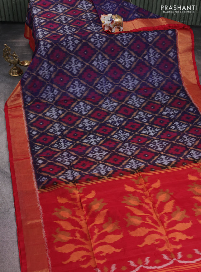 Ikat silk cotton saree navy blue and red with alover ikat weaves and zari woven border