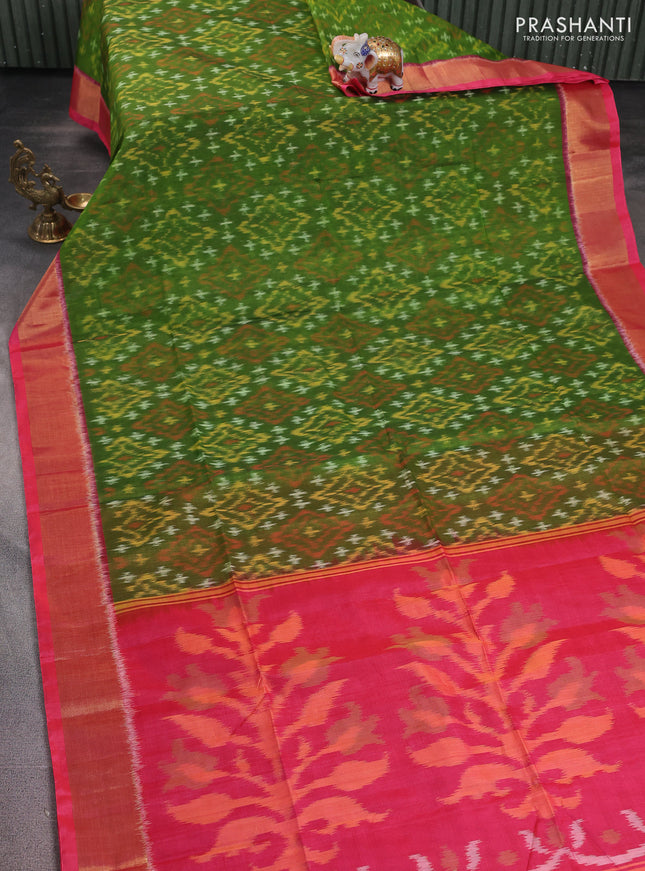 Ikat silk cotton saree green and peach pink with alover ikat weaves and zari woven border