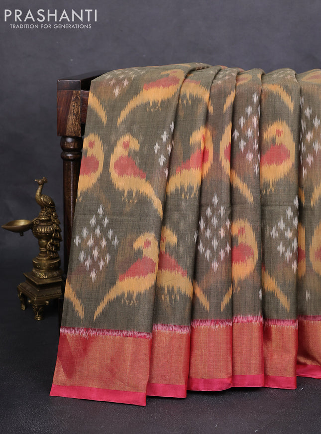 Ikat silk cotton saree grey shade and peach pink with alover ikat weaves and zari woven border